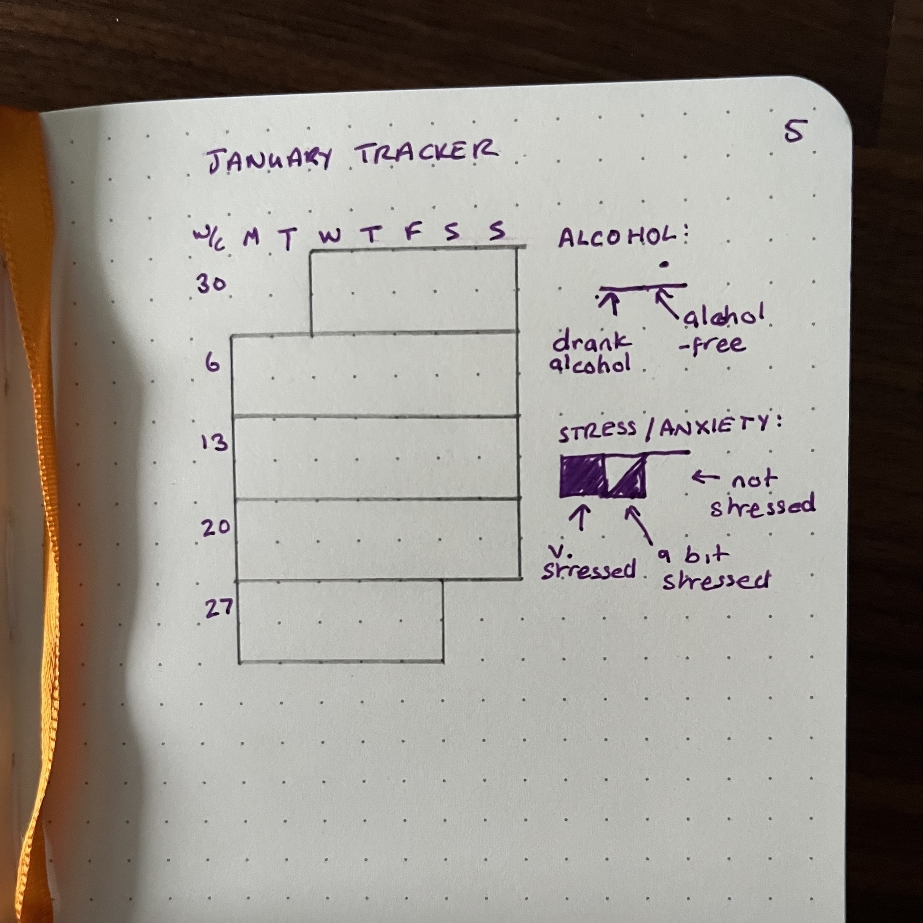 Half of a page of an A6 notebook. The page is titled ‘January Tracker’. A basic calendar-style grid is drawn, with annotations alongside to explain how to mark up the grid to track alcohol and anxiety